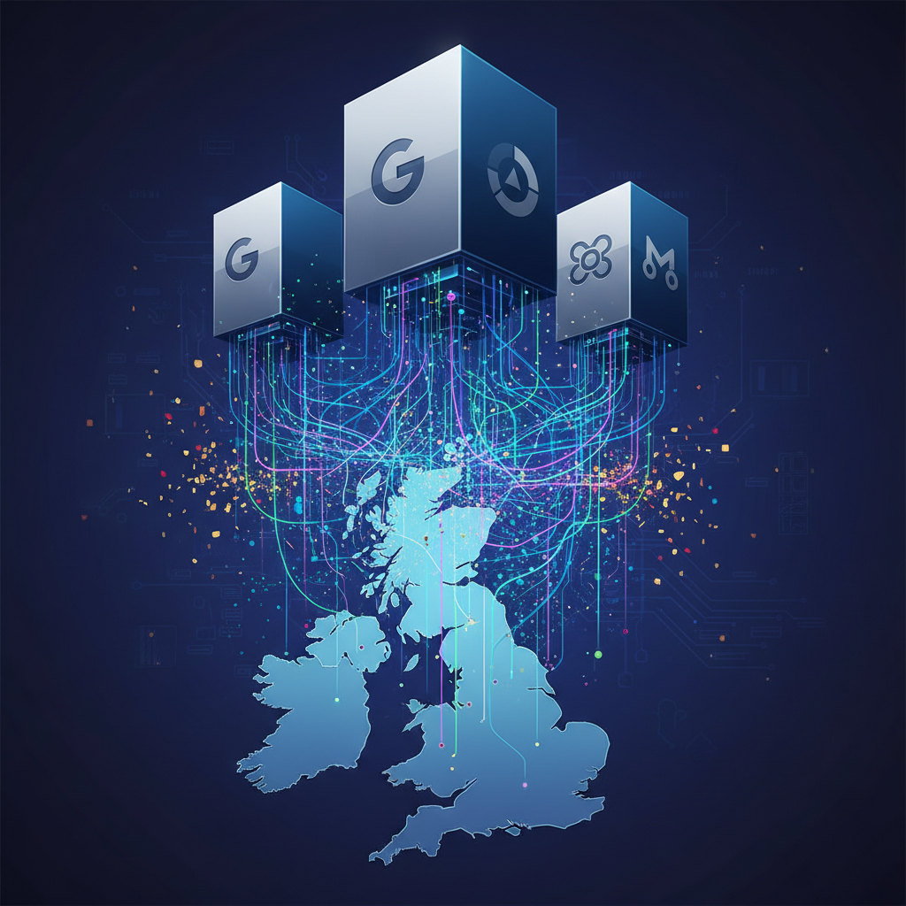 A visual metaphor of the UK economy being overshadowed or controlled by larger, abstract tech giants from the US. Emphasize a complex network of digital connections, with a subtly textured and colored background. No text, clean infographic style, high contrast, modern layout.