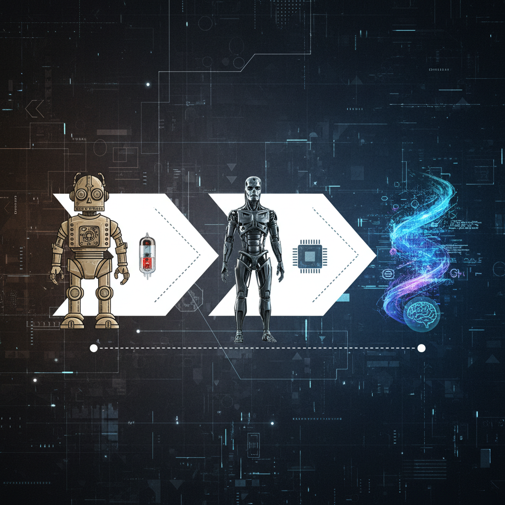 A dynamic clean infographic showing the evolution of AI in movies, from early robots to complex digital entities, with a futuristic, high-contrast, textured background. No visible text.