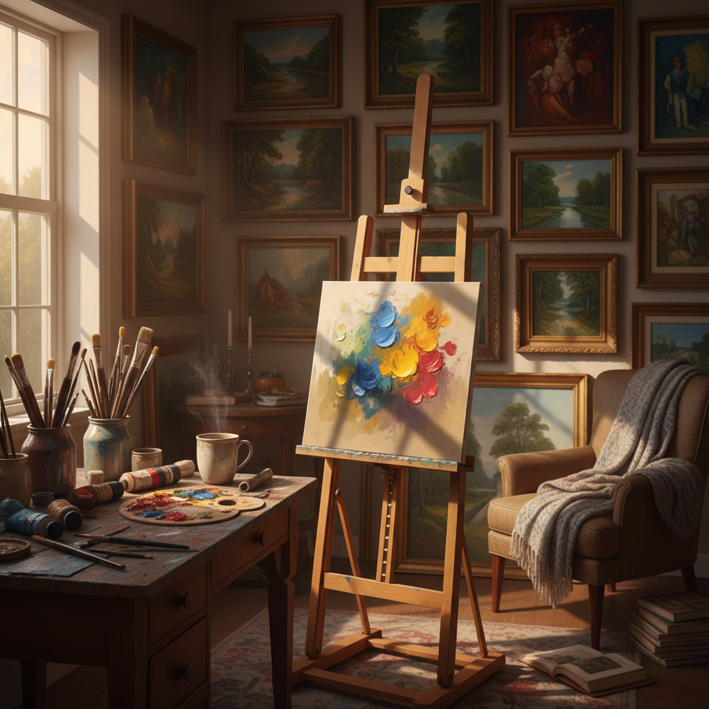 Cozy artist studio with easel, paint tubes, brushes in jars, coffee mug on wooden desk, warm afternoon sunlight through window, creative atmosphere, rich colored background with paintings on wall, lifestyle photography, inviting workspace, no text