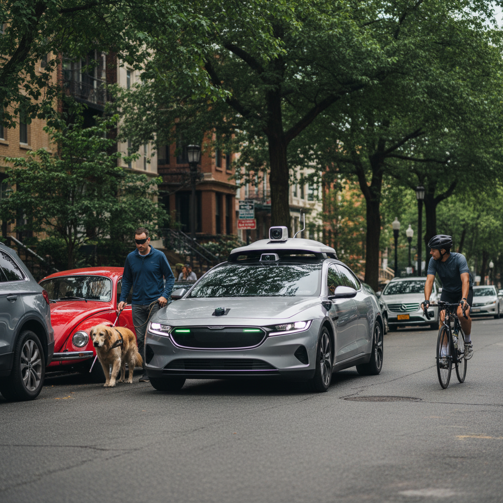 A self-driving car cautiously navigating a street scene where a blind man with a cane is stepping out between parked cars, and a cyclist is nearby. Emphasize the car's careful reaction. Style: lifestyle photography, natural urban setting, balanced lighting. No visible text.