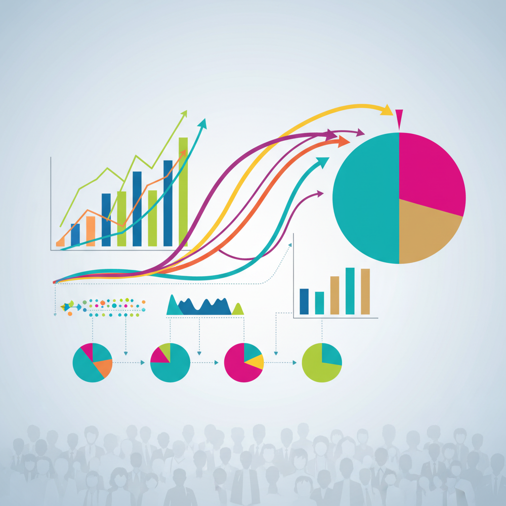 A dynamic illustration showing financial graphs and charts with various arrows indicating market predictions and probabilities, with a subtle overlay of a crowd silhouette representing 'wisdom of the crowds'. Style: clean infographic, vibrant colors. No text in image.