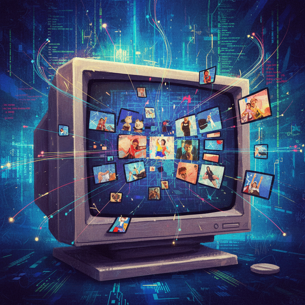 A digital illustration showing old Vine videos being reconstructed from fragmented data. Pieces of short video clips are coming together on a screen, with lines of code in the background. Style: illustration, artistic rendering, textured background. No visible text.