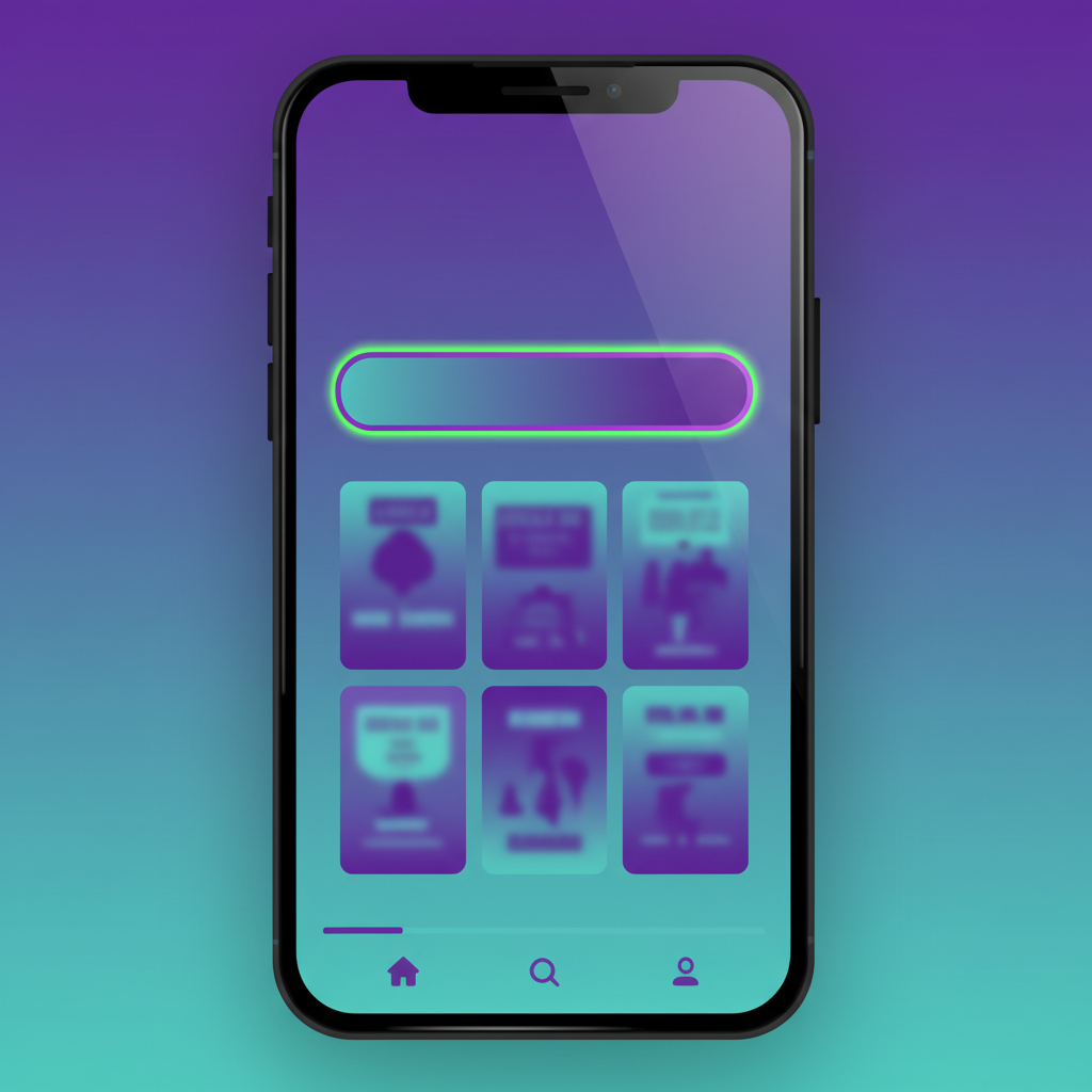 Smartphone screen showing audiobook library interface with AI recap feature button highlighted, modern UI design, clean layout with book covers displayed in grid, purple and green Spotify brand colors, high contrast, gradient background from deep purple to teal, no text