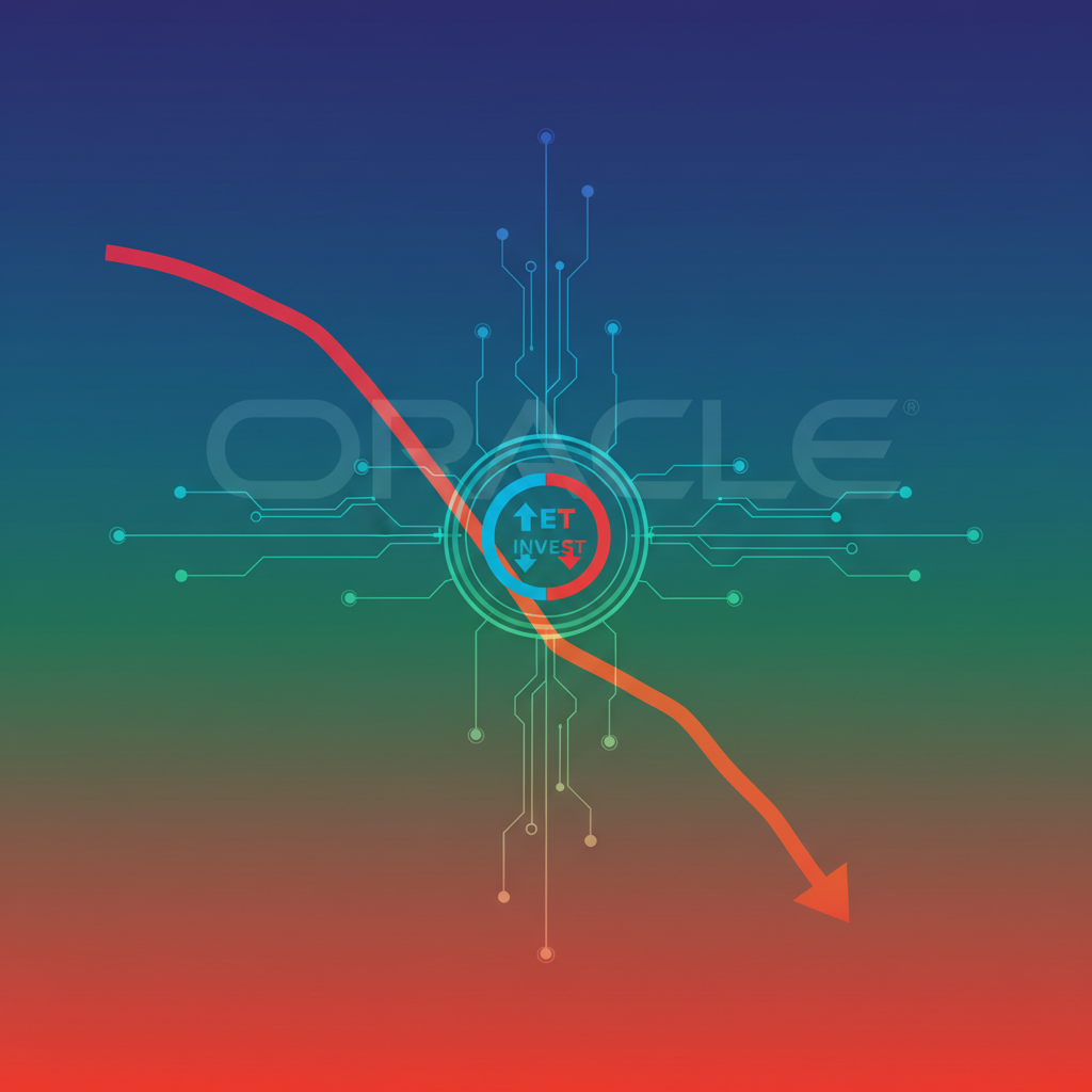 Clean infographic, modern layout, high contrast. A stylized representation of a stock chart showing a sharp decline, with a subtle Oracle logo in the background. AI neural network connections are subtly visible, connecting to a large 'bet' or 'investment' icon. Dominant colors are blues, greens, and reds for contrast, representing both growth and decline. No visible text or numbers. Colored gradient background, full frame.