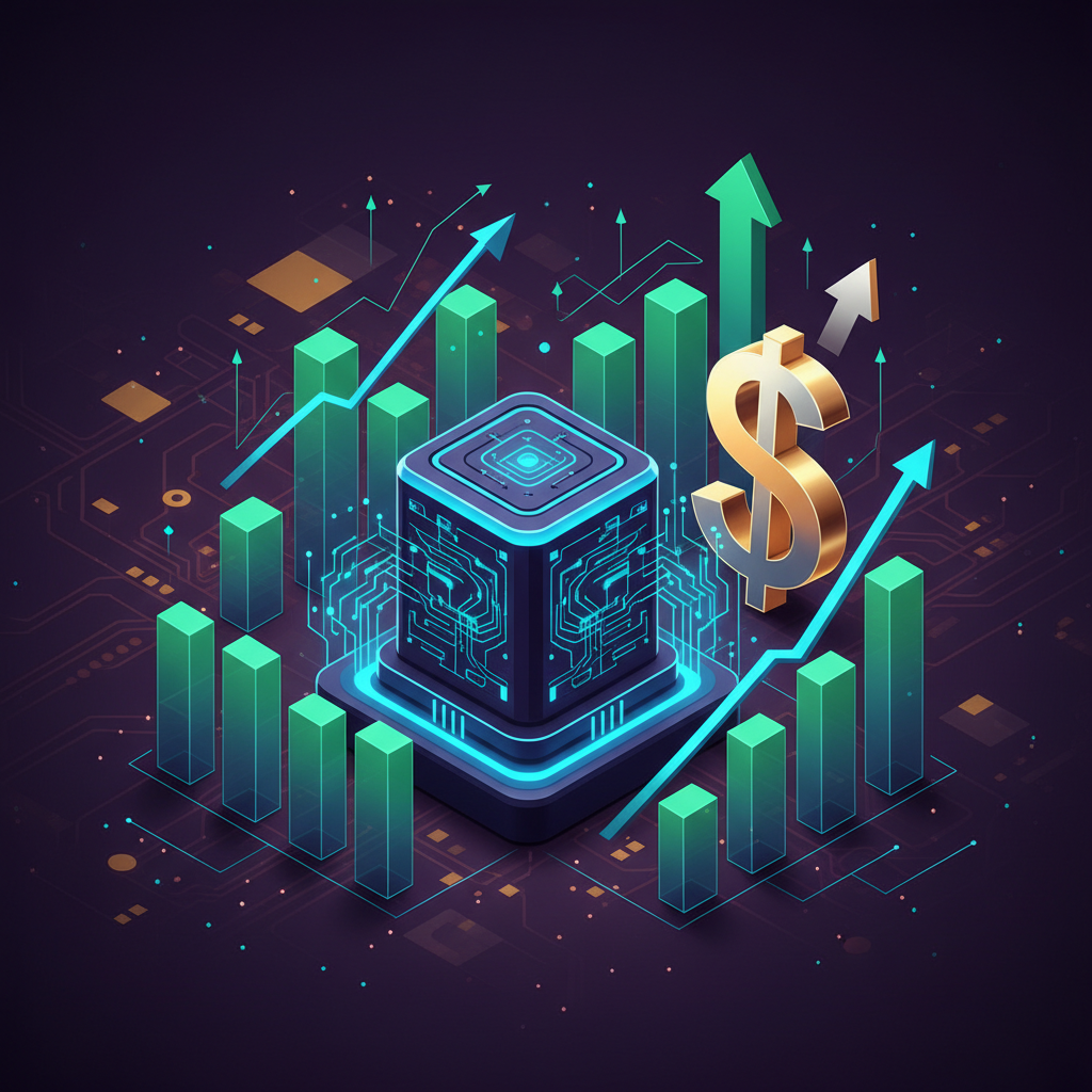 Clean infographic, modern layout, high contrast. A futuristic data center with glowing AI connections, surrounded by upward-trending graphs and a dollar sign. A vision of strong growth and high demand for computing power. Textured background in shades of purple and gold. No text. Bright, balanced lighting, centered focus.