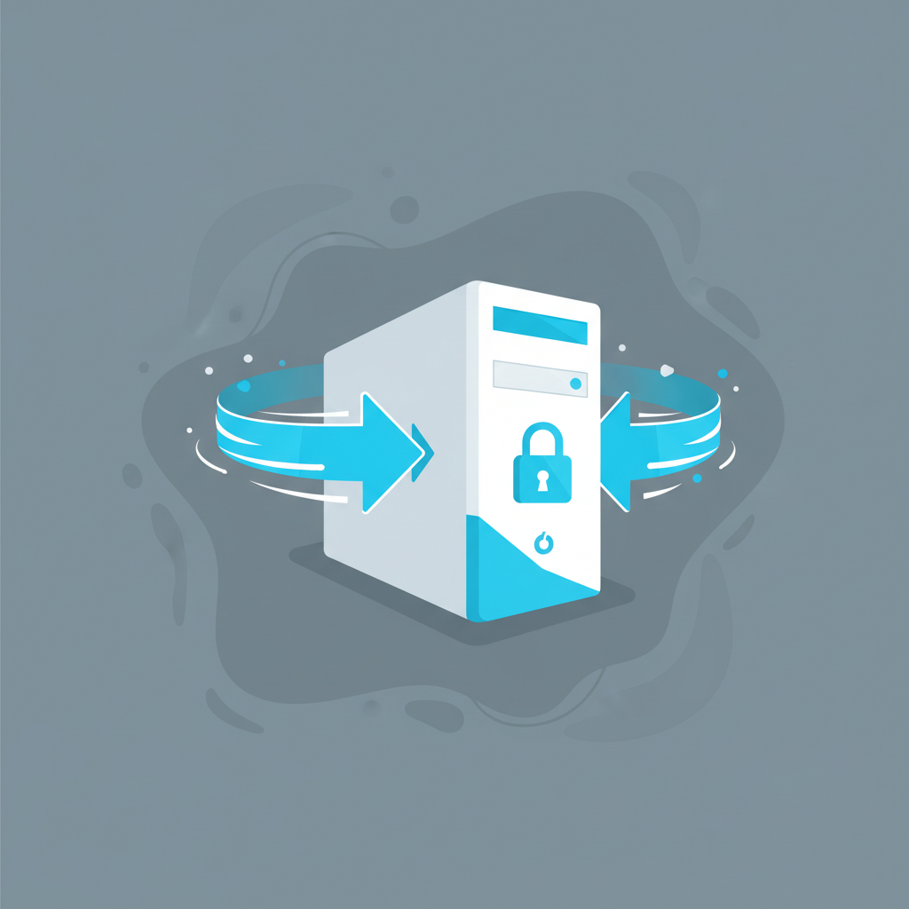A stylized illustration depicting a secure data flow within a personal computer, with a padlock icon inside the device and a fast-moving arrow representing quick processing. Style: clean infographic, modern layout, high contrast. Background: textured grey-blue, minimal empty space. No text.