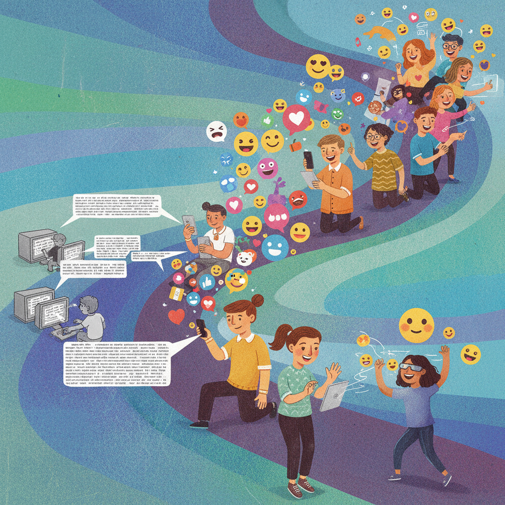 illustration, artistic rendering, textured background, depicting the evolution of online communication from text to emojis, showing people happily using various forms of digital expressions. No text.