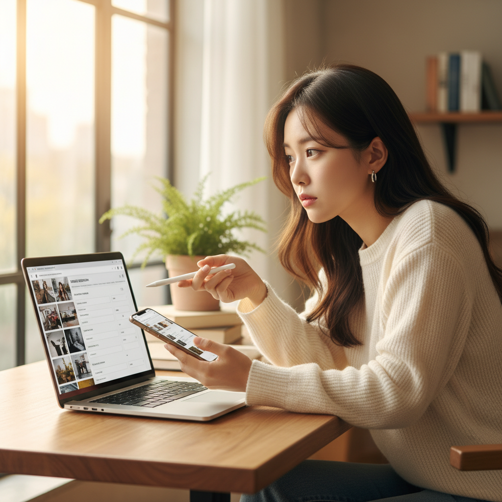 A young Korean woman actively checking details on her smartphone and laptop, using reverse image search and checking business registrations, with a thoughtful expression. The background is clean and bright, showing a modern workspace. Style: lifestyle photography, warm lighting, natural setting. No visible text in image.