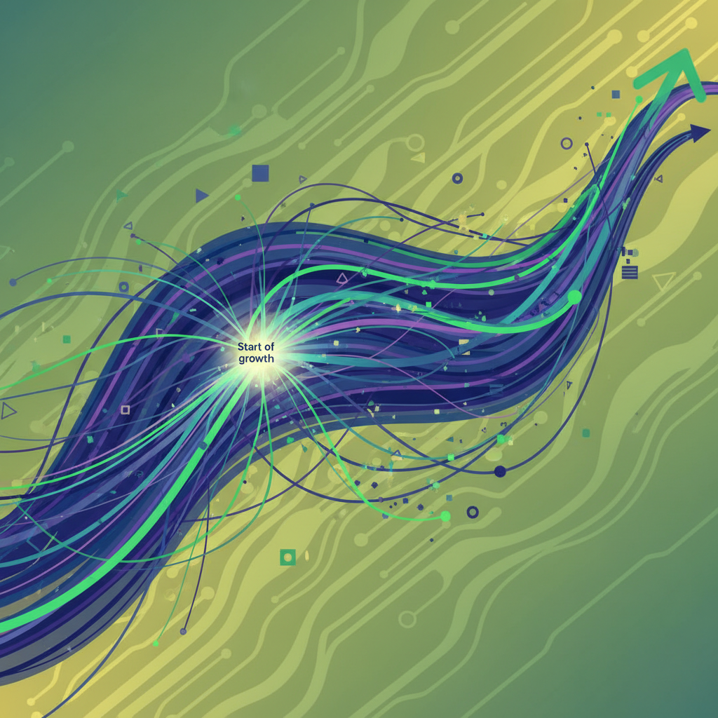 A visually rich infographic illustrating the growth of online spending, with interconnected lines and subtle numerical representations, set against a dynamic, subtly textured background of greens and yellows. Emphasize data flow and trends without displaying specific numbers or graphs. No text.