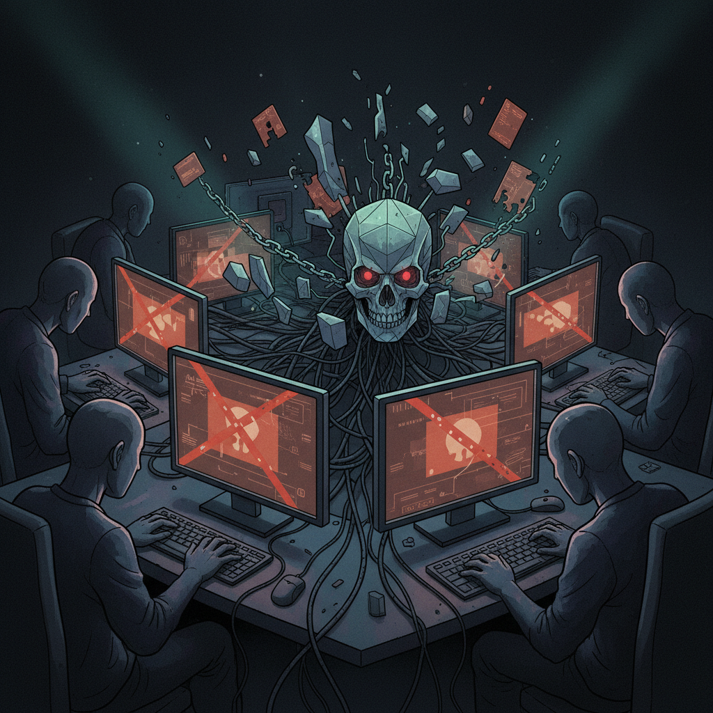 A dark illustration of online forums and social media platforms with anonymous users sharing harmful content. Computer screens showing blurred inappropriate content warnings, shadowy figures, and digital crime concept. Serious, documentary-style lighting. No text.