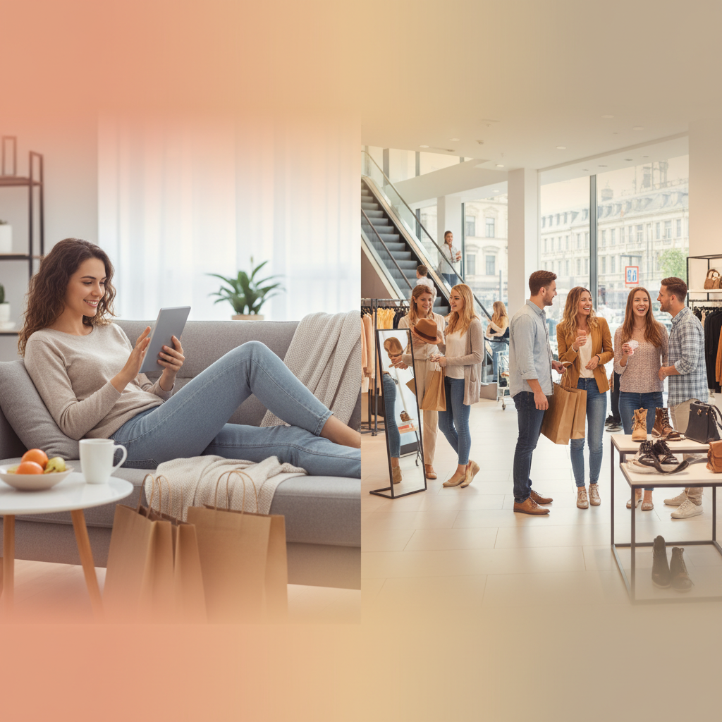 A split image or composition, one side showing a person comfortably shopping on a tablet at home (online), and the other side showing people enjoying a pleasant shopping experience inside a modern department store (offline). A subtle, warm-toned gradient background blends the two scenes. No text.