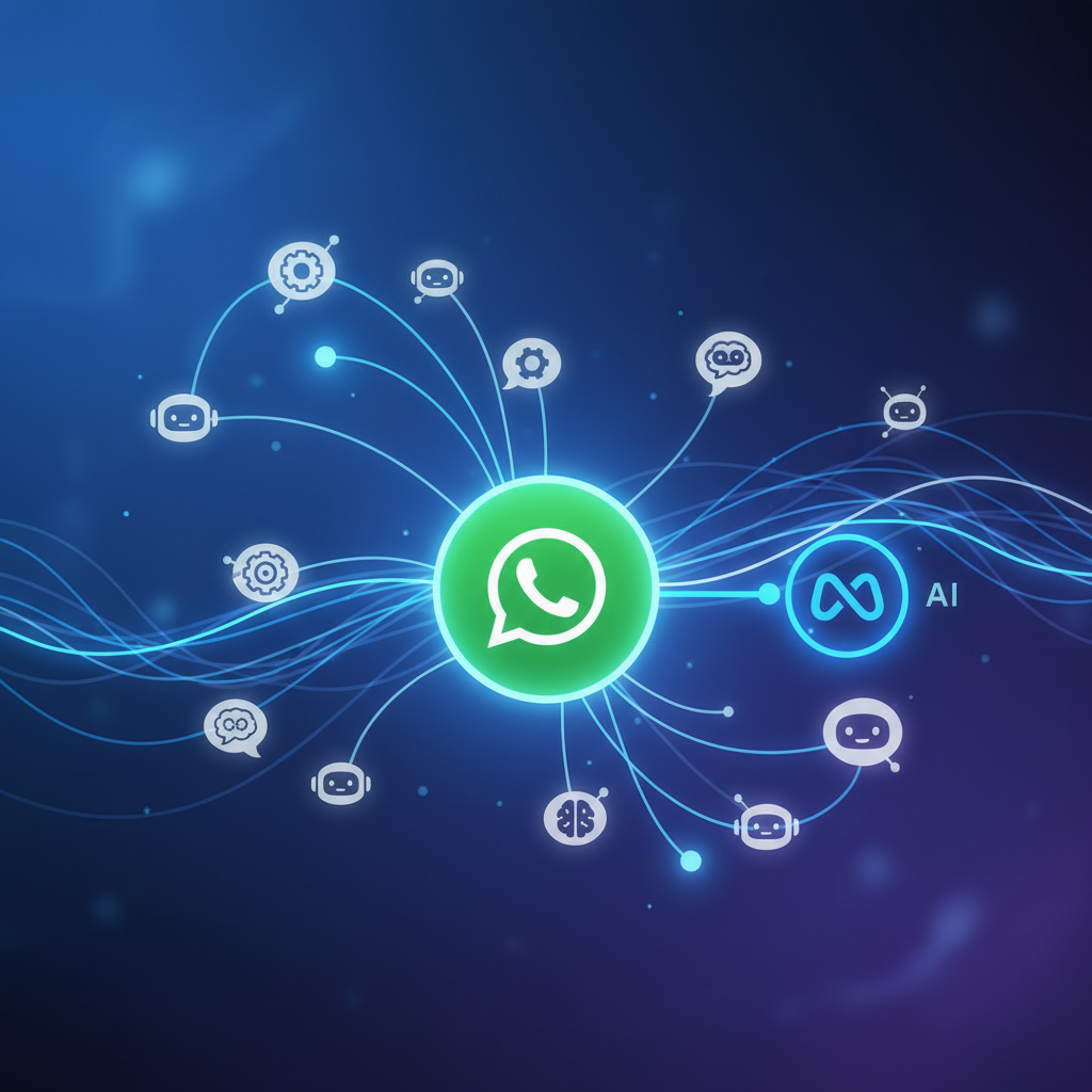 A dynamic illustration showing interconnected digital networks, with a central WhatsApp node and various AI chatbot icons. Some icons are detaching from the central node, while a Meta AI icon remains prominent. Modern layout, high contrast, gradient background. No text.