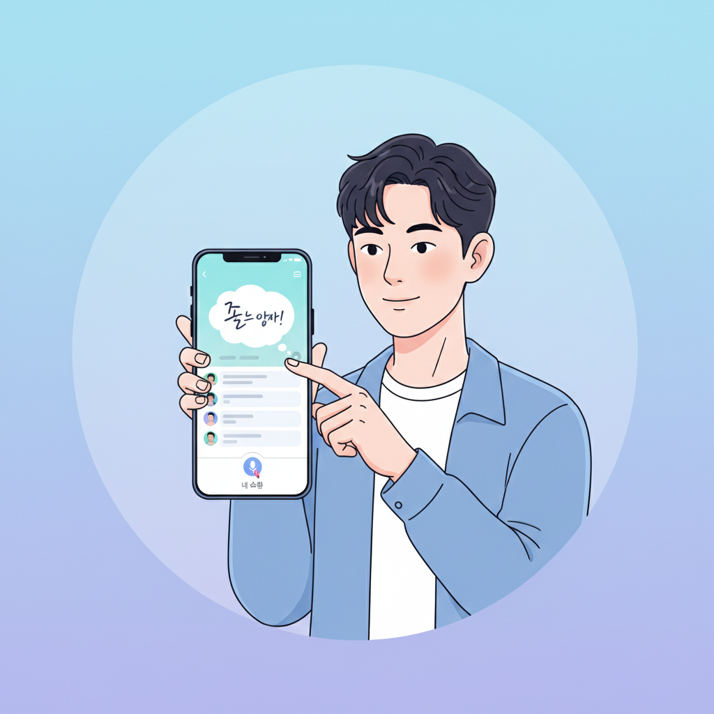 A vibrant clean infographic showing a person interacting with a smartphone, displaying a messaging app with a distinct "status update" feature, similar to Instagram Notes. Modern UI elements with minimal English text, bright, balanced lighting. The background is a gradient of soft blues and purples, full frame, centered focus. Korean appearance.