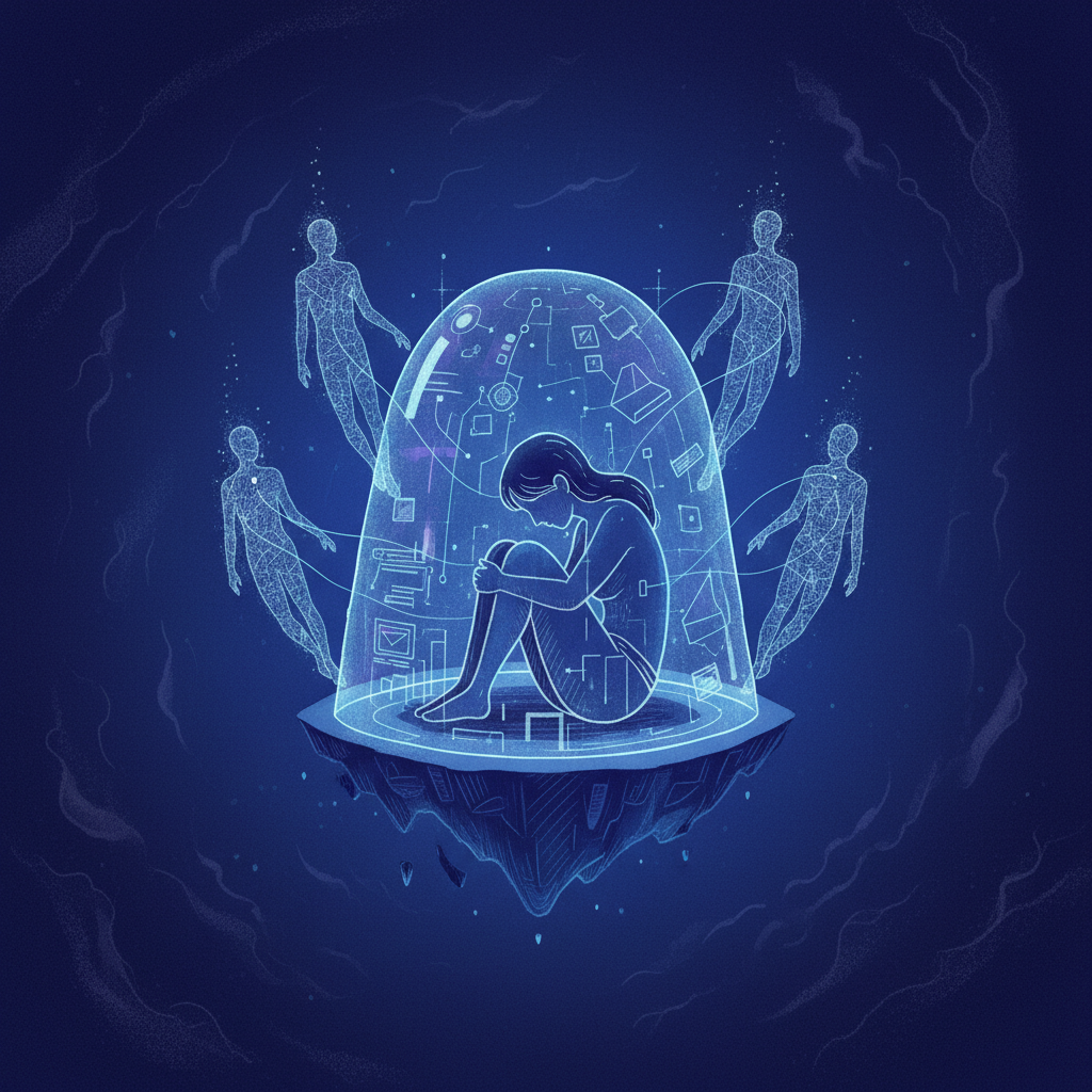 A stylized illustration depicting a person feeling isolated, surrounded by a subtle, glowing digital interface that suggests an AI presence. The background is a textured, gradient dark blue, emphasizing loneliness. Style: illustration, artistic rendering, textured background. No visible text in image. No empty margins, centered focus.