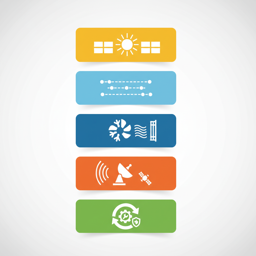 A clean, modern infographic illustrating the 5 key technologies for space-based AI datacenters: solar power, optical links, thermal management, high-bandwidth communication, and on-orbit reliability. Each concept represented by an icon or small illustration. No text.