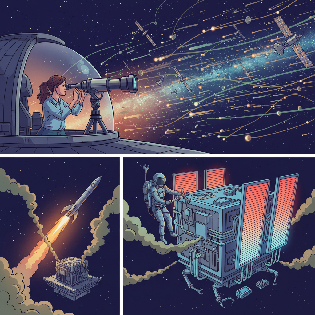 An illustrative image showing the challenges of space datacenters: an astronomer looking through a telescope with many satellites blurring the view, a rocket launching with some CO2 emission, and a depiction of complex thermal management or maintenance in space. Illustration style. No text.