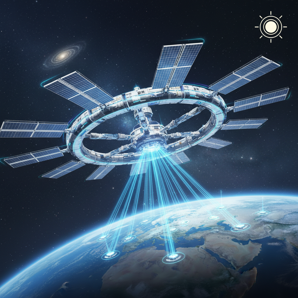 A clean infographic showing a conceptual space-based datacenter orbiting Earth, powered by solar panels, with data beams connecting to Earth. Emphasize advanced technology and future vision. No text.