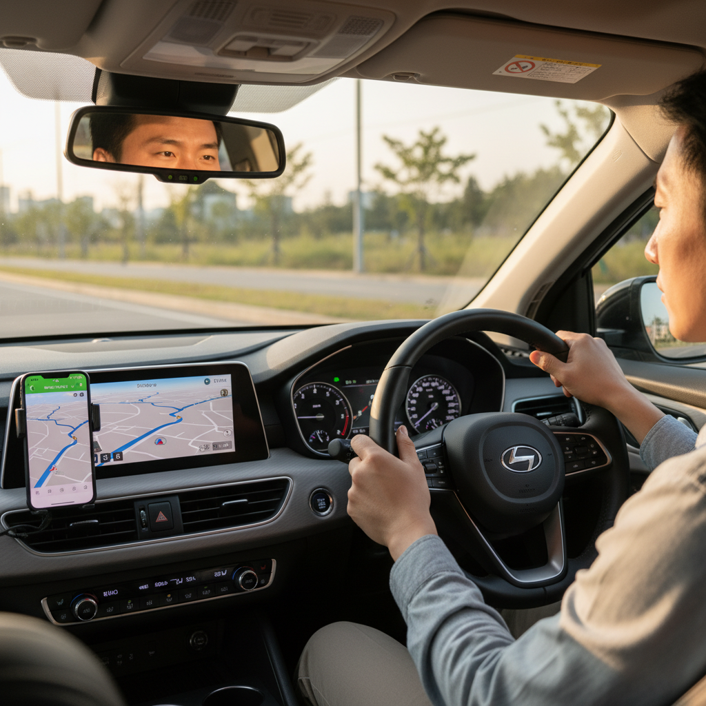 Driver using smartphone navigation app mirrored on car display, hands on steering wheel, modern car interior, dashboard showing route map, warm afternoon lighting, realistic lifestyle photography, Korean appearance driver, no text overlays