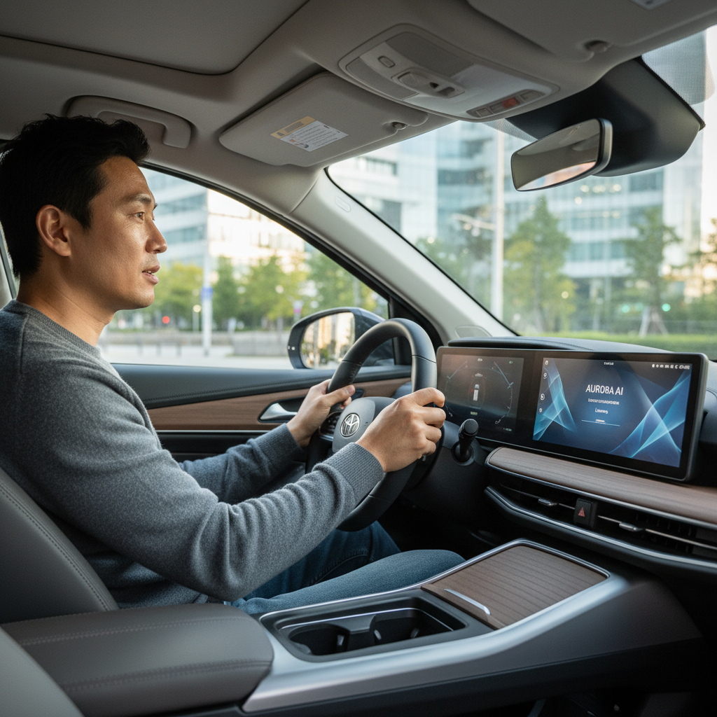 A lifestyle photograph inside a modern car. A Korean driver, with a natural and focused expression, is calmly speaking to the in-car system. The car's infotainment screen subtly shows an AI assistant interface, designed with a clean, minimal UI (English-only text if any). The background outside the window shows a softly blurred urban landscape. Warm, balanced lighting illuminates the car interior. No text in the image.