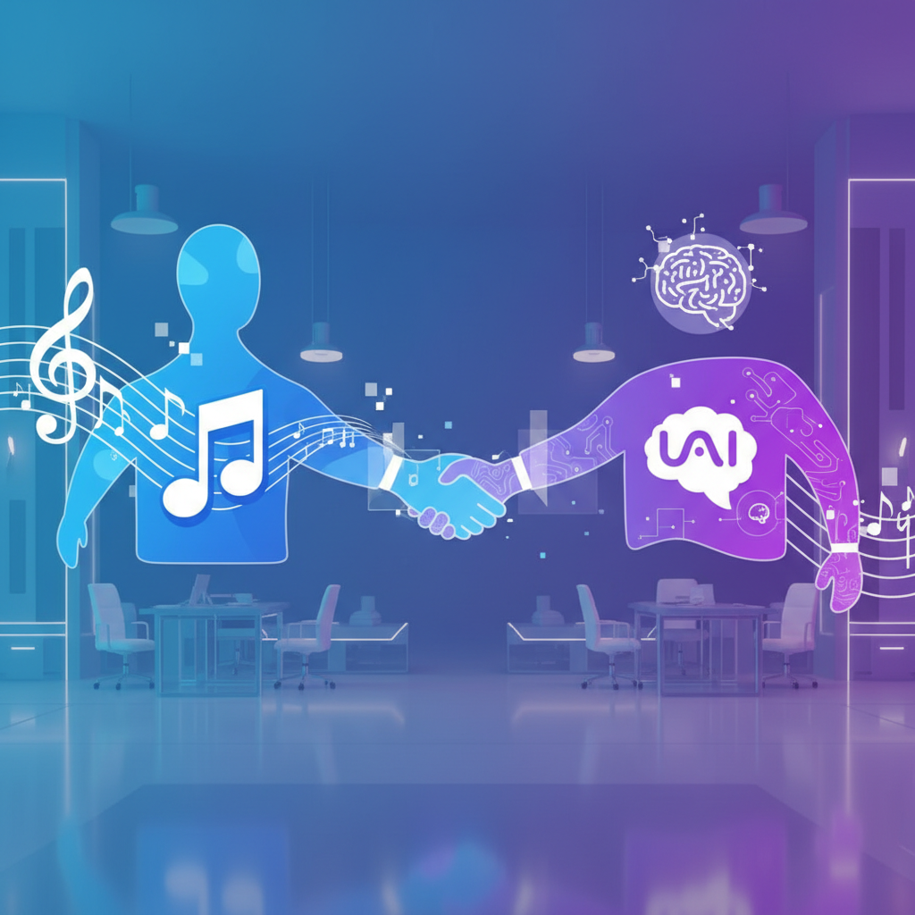 An infographic showing two abstract entities, one representing Warner Music Group with a musical note icon and the other representing Udio with an AI brain icon, shaking hands in a futuristic, clean office setting. The background is a gradient of blue and purple. No text.