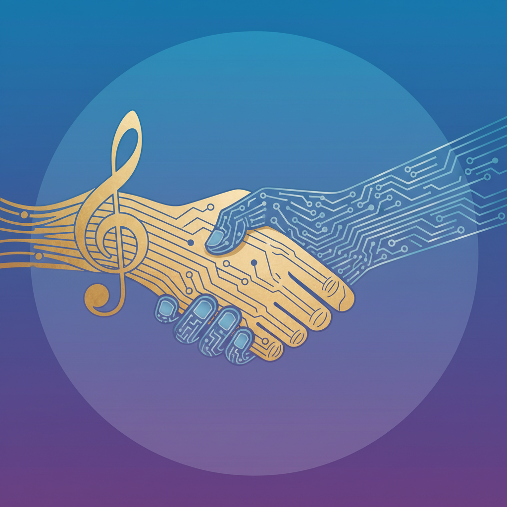 Clean infographic showing two hands, one representing traditional music (with a stylized musical note) and the other representing AI technology (with a circuit board pattern), shaking hands in a collaborative gesture. The background is a gradient of blue and purple. No visible text, centered focus, rich details.