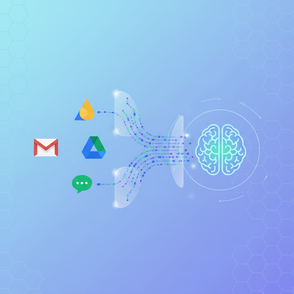 A digital illustration showing various Google Workspace icons (Gmail, Google Drive, Google Chat) connected to a central AI brain. Data streams are visually represented flowing from these apps into the AI for analysis. Emphasize data privacy and secure processing subtly. Clean infographic style, no text.