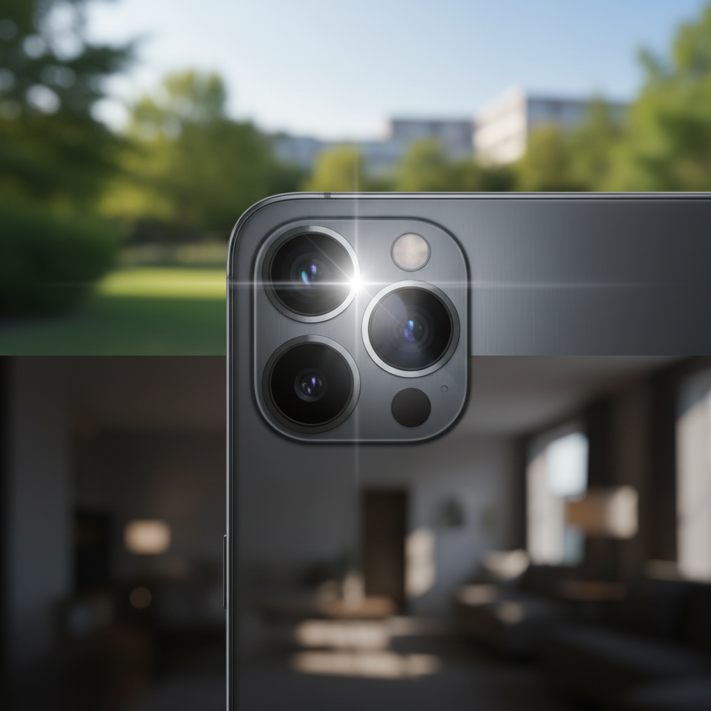 A close-up shot of a smartphone's triple camera module, focusing on the lenses. The background transitions between a blurry outdoor scene and a dimly lit indoor setting, symbolizing inconsistent camera performance. Style: realistic product photography. No text.