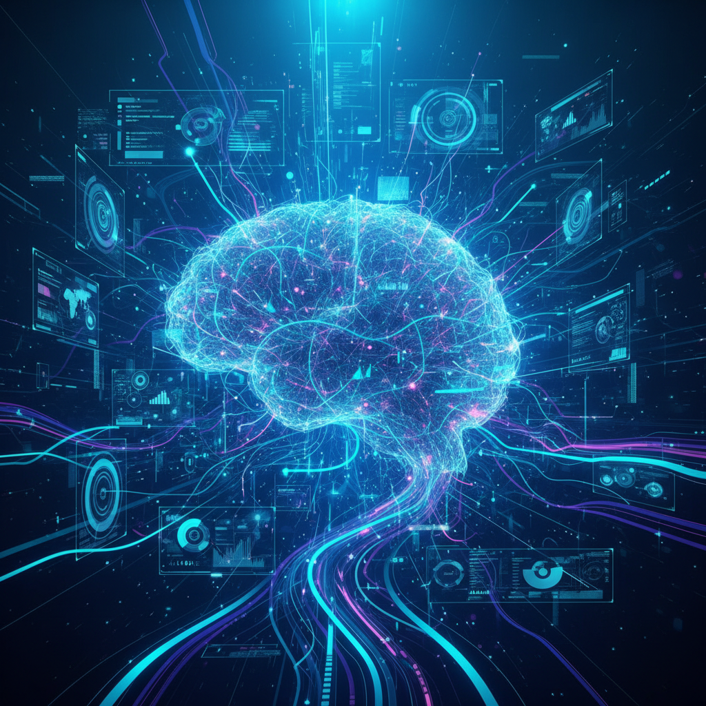 Futuristic AI system visualization showing interconnected neural networks and spatial data processing, vibrant digital environment with flowing data streams, holographic interface elements, deep blue and cyan gradient background, modern tech illustration style, dynamic composition with depth, no text