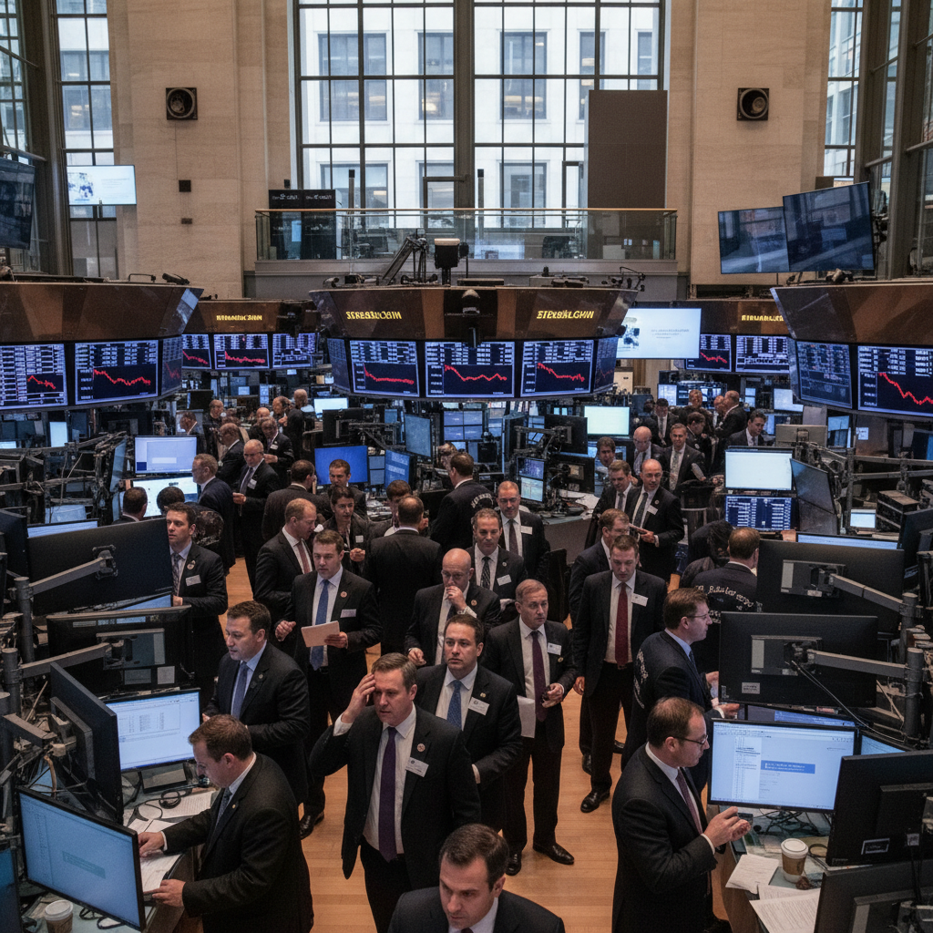 New York Stock Exchange trading floor scene with multiple traders in business attire looking at screens with concerned expressions, dynamic atmosphere with red-tinted lighting suggesting market decline, modern financial district interior with electronic displays, realistic photography style, natural indoor lighting, no text