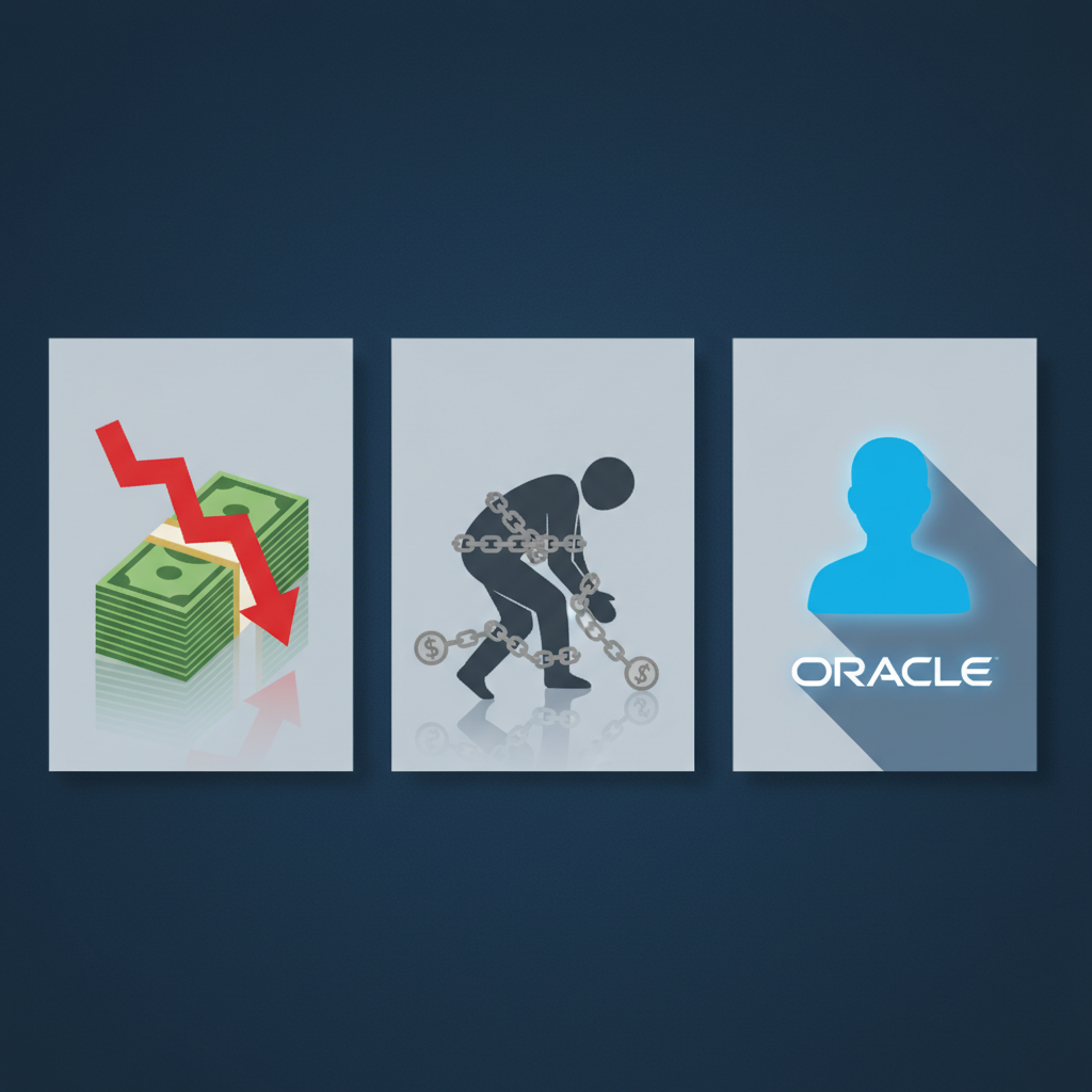 Clean infographic, modern layout, high contrast. Three distinct sections illustrating financial concerns: one with a stack of money and a downward arrow, another with a person struggling with heavy debt chains, and a third with a single large customer icon overshadowing a smaller Oracle-like logo. The background is a textured dark blue. No text. Bright, balanced lighting, centered focus.