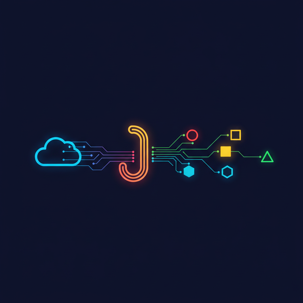 An abstract infographic showing data flowing from an external source (represented by a server or cloud icon) through a "hook" symbol, triggering a series of automated actions within a system. Use lines and nodes to illustrate the connection. Dark background, vibrant data streams. No text in image.