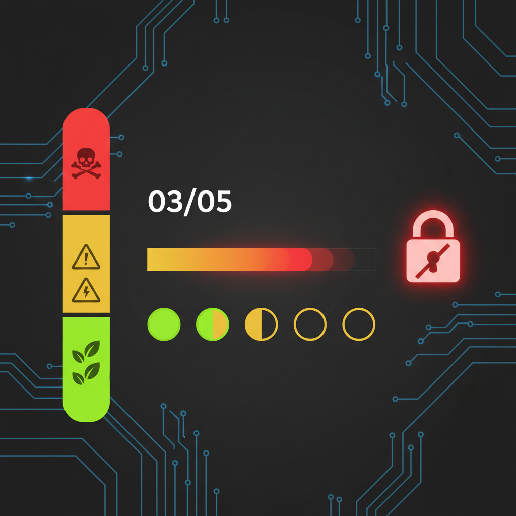 clean infographic, modern layout, high contrast. A visual representation of a "strike" system, with different colored warning symbols (e.g., green for low, yellow for medium, red for critical) arranged on a digital scale. A progress bar showing an account's violation count, nearing a permanent ban. No text.