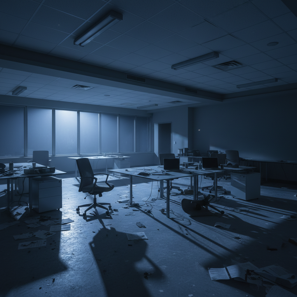 A dramatic scene showing an empty modern co-working space with scattered papers and dim lighting, representing business failure, cool blue and gray tones, moody atmospheric lighting, cinematic photography style, sense of abandonment, no text