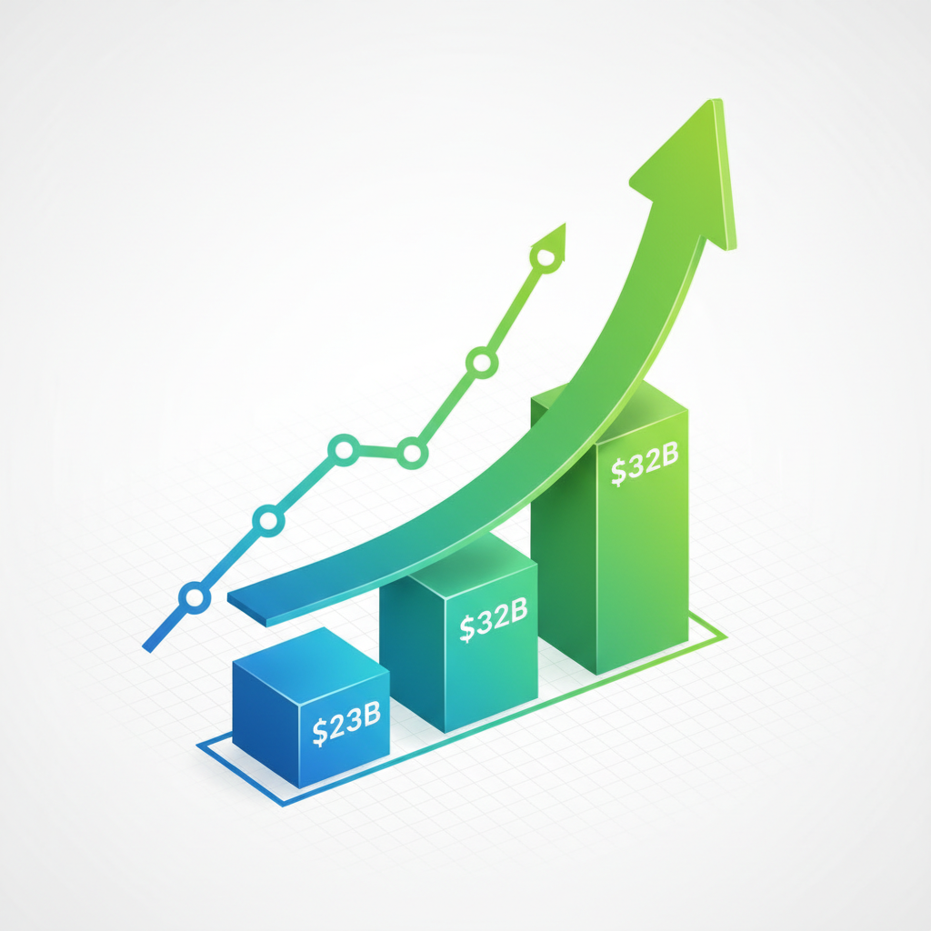 An upward-trending financial graph or bar chart illustrating Wiz's valuation growth from $23B to $32B, with a strong visual representation of growth. Clean infographic style. No text.