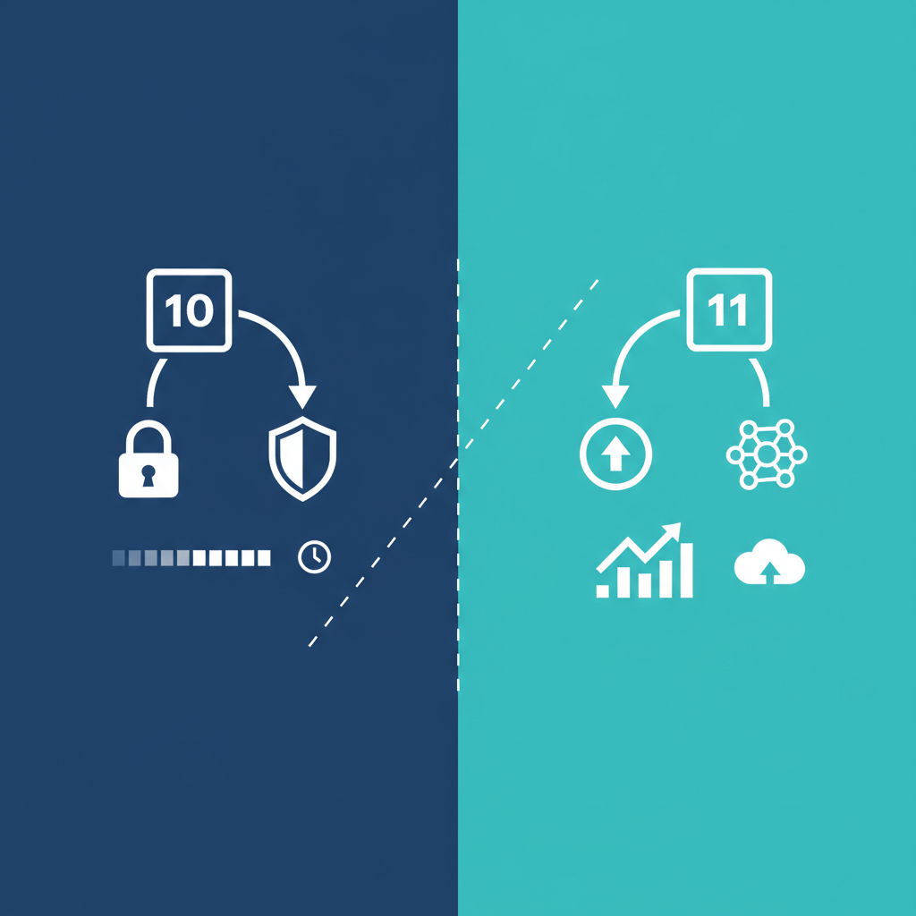 A modern infographic illustrating the choice between continuing with Windows 10 ESU or upgrading to Windows 11. Two distinct paths or options should be visually represented, perhaps with a fork in the road or two separate but related icons. Style: clean infographic, modern layout, high contrast. No visible text. Colored background.