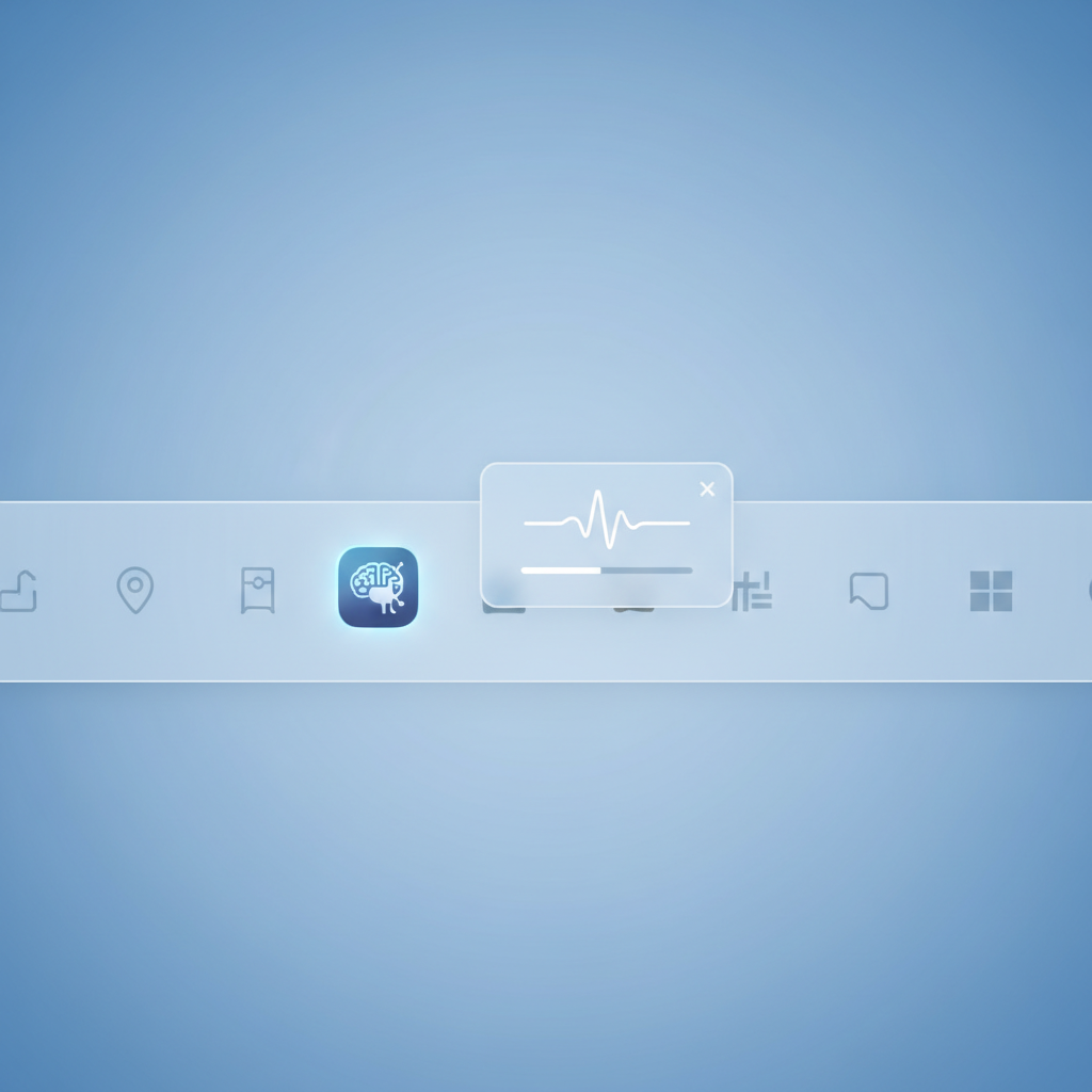 A close-up of a Windows 11 taskbar with a small, glowing AI agent icon. A subtle floating notification window is shown next to it, displaying a simple status update like "Researching data…" The background is a soft, gradient blue. Style: clean infographic, modern layout, high contrast. No visible text. No empty margins, bright, balanced lighting.