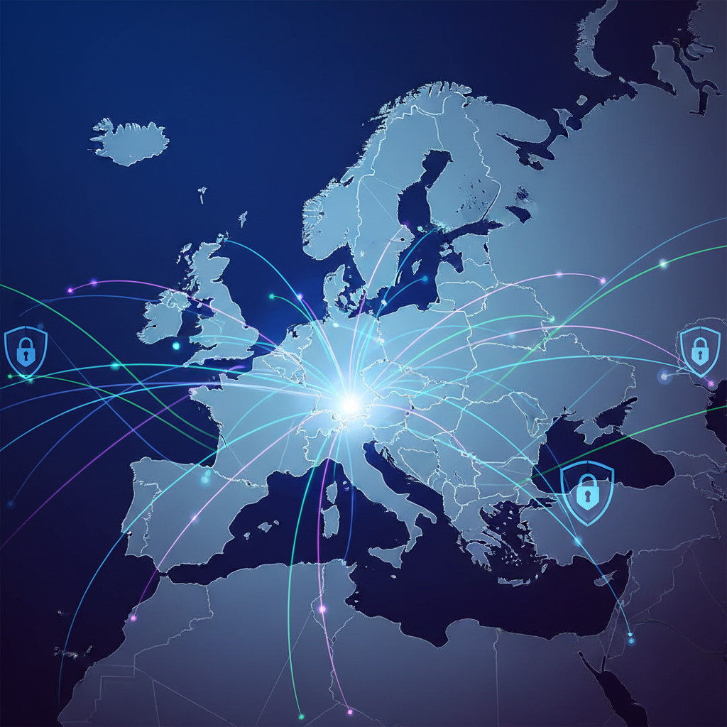 A stylized map of Europe with digital data streams flowing across it, depicting data protection and digital sovereignty. The background is a gradient of deep blues and purples. Clean infographic style, high contrast, no visible text.