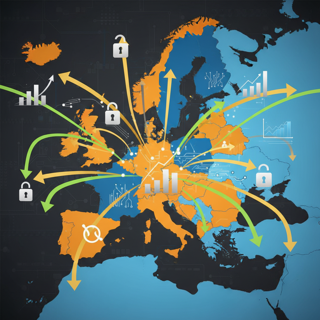 A clean infographic showing a stylized map of Europe with arrows or icons indicating a "loosening" or "simplification" of regulations related to AI. The image should convey economic growth or innovation alongside this. Modern layout, high contrast, textured background, no visible text.