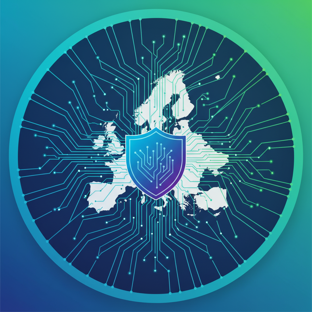 Clean infographic, modern layout, high contrast. A shield symbolizing digital protection placed over a map of Europe, with digital network lines radiating outwards. Bright, balanced lighting, colored background, no text, centered focus, no empty margins.