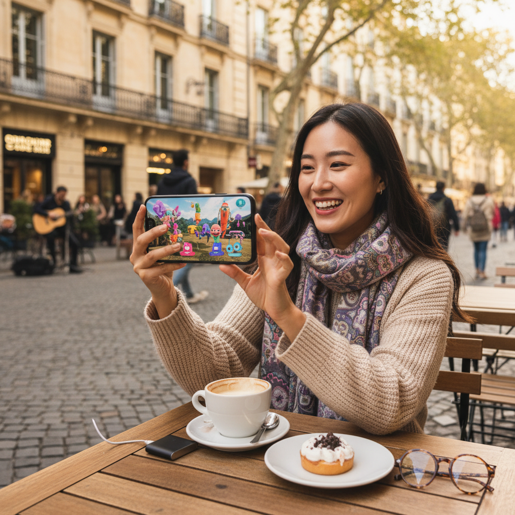 A Korean person in a cafe in a European city, happily watching AI-generated short videos on a smartphone. The scene should be lively and casual, emphasizing modern lifestyle and technology integration. Natural lighting, realistic details. No text in image. Style: lifestyle photography.