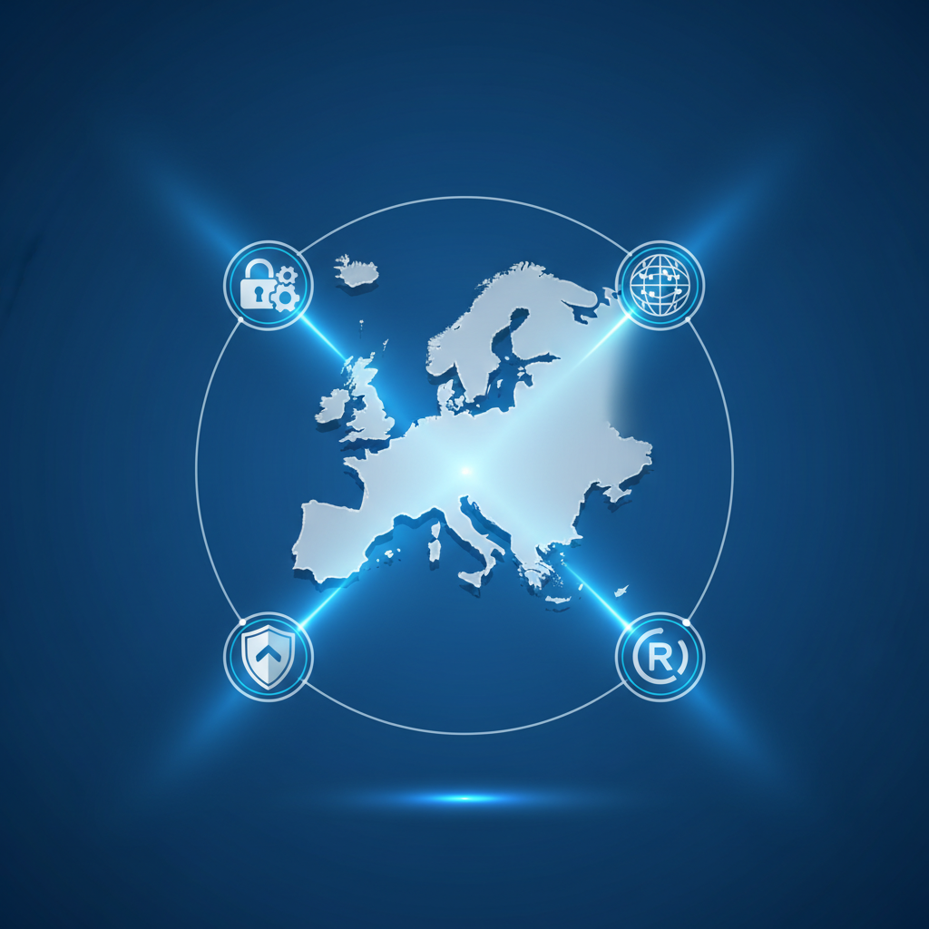 A clean infographic-style illustration depicting EU regulatory concept with European map silhouette on a deep blue gradient background. Modern digital icons representing connectivity and regulation floating around. Professional lighting, high contrast, structured layout, no text.