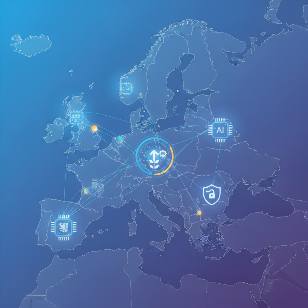 Dynamic infographic illustrating Europe's efforts to strengthen AI technological sovereignty. Feature interconnected digital networks, secure data flow, and national symbols discreetly integrated into AI chip designs. Emphasize innovation and independence. Modern layout, high contrast, gradient background, balanced lighting. No text.