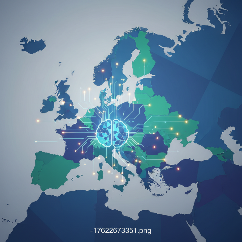 A symbolic illustration representing European technological independence and AI sovereignty, perhaps showing a stylized map of Europe with data lines flowing within its borders, emphasizing self-reliance in AI development. Clean, modern, no text.