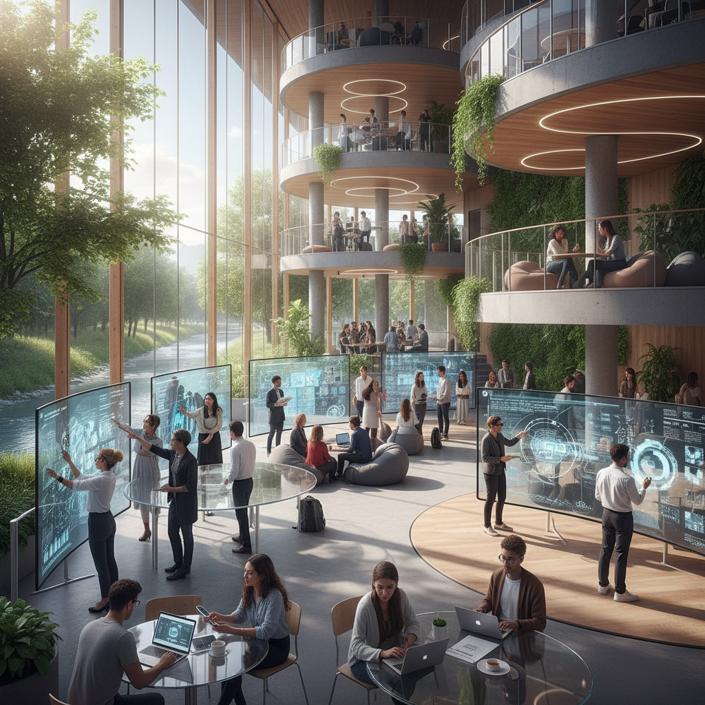 Realistic depiction of a modern European university campus or innovation hub, with students and researchers collaborating on digital projects. Focus on technology, collaboration, and learning environment. Lifestyle photography, warm lighting, natural setting, no text.