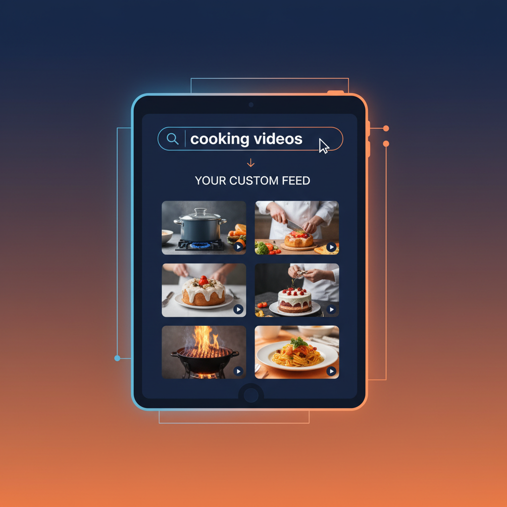 A clean infographic illustrating the "Your Custom Feed" feature on YouTube. Show a user typing a prompt like "cooking videos" into a search bar within the YouTube interface, and then seeing a feed populated with relevant cooking content. Modern layout, high contrast, gradient background. No visible text.