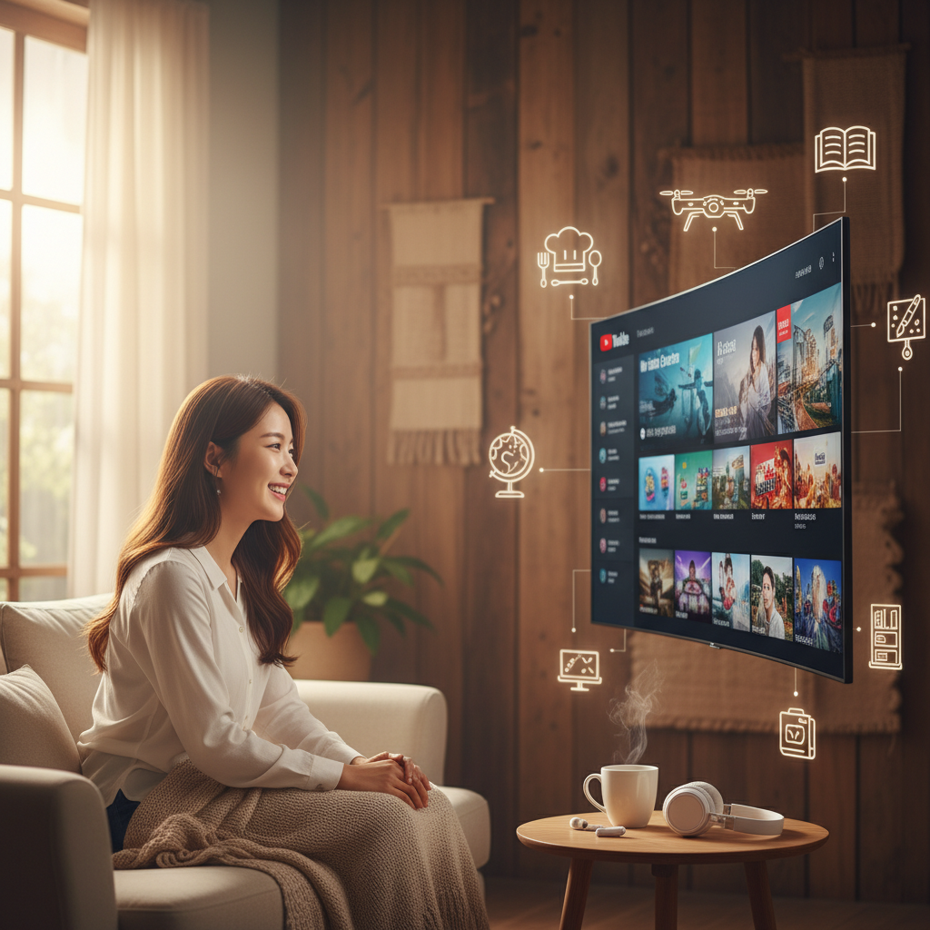 A Korean user smiling happily while watching a personalized YouTube feed on a large screen, surrounded by elements symbolizing their diverse interests (e.g., small icons of cooking, travel, tech). Lifestyle photography, warm lighting, natural setting, textured background. No visible text.