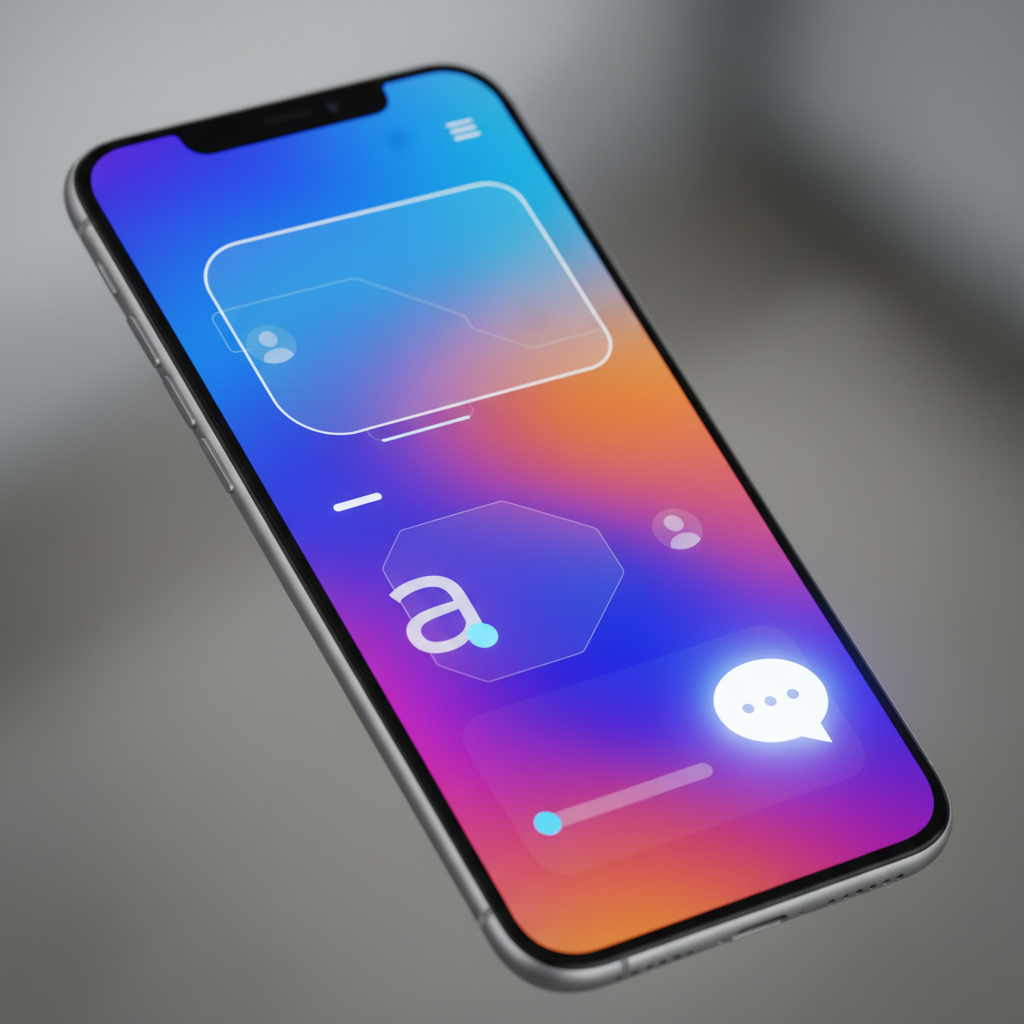 A modern smartphone screen displaying the YouTube app with a chat bubble icon. The background is a vibrant gradient, clean infographic style, high contrast. No visible text on the screen, only abstract UI elements. No Korean characters.