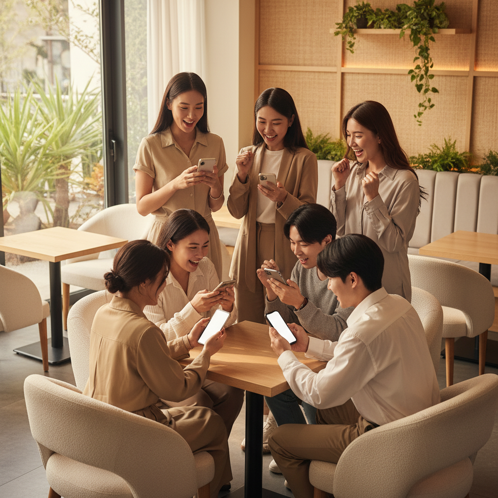 A diverse group of young adults, mainly Korean-looking, cheerfully looking at their smartphones, showing excitement about a new app update. The background is a brightly lit, modern cafe with soft textures. Lifestyle photography, warm lighting, natural setting. No visible text on the screens or in the image. No Korean characters.