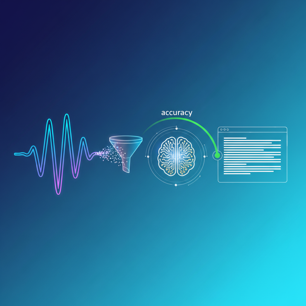 An abstract yet clear infographic showing a voice waveform transforming into clean text on a digital screen. Highlight the accuracy and advanced AI. Clean infographic, modern layout, high contrast. Gradient background. No visible text.