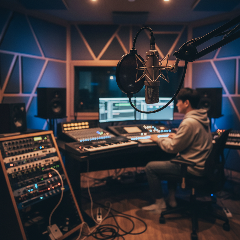 A modern recording studio setup with professional microphone in focus, warm ambient lighting, sound dampening panels on walls with deep blue and amber colored background. High-tech audio equipment visible in soft focus. Korean appearance sound engineer working in background. No text in image.